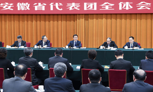 3月12日,，中共中央政治局常委,、國務院副總理韓正參加十三屆全國人大二次會議安徽代表團的審議。新華社記者 張領 攝