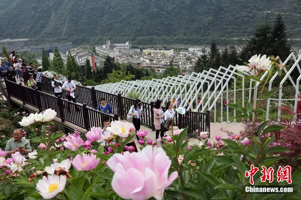 2018年4月30日,，汶川青山綠水鮮花盛開,，吸引游客觀光。 中新社記者 任海霞 攝