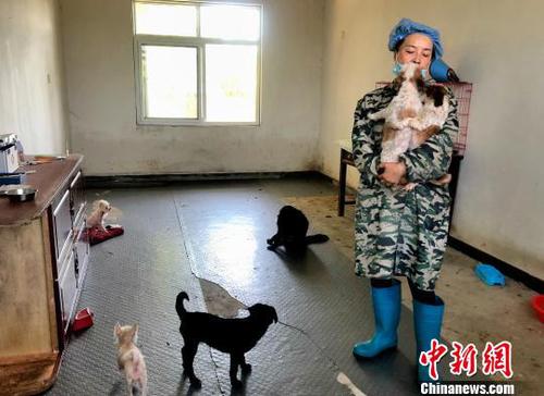 圖為志愿者張曉京正在陪伴小狗,?！∠默?攝