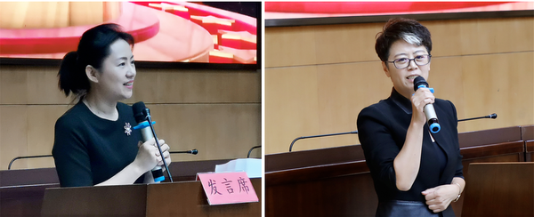 民盟中央婦女委員會(huì)委員、民盟北京市朝陽區(qū)委專職副主委陳巴黎（左）,、總創(chuàng)意暨總導(dǎo)演金姝慧（右）與會(huì)發(fā)言,。民朝 攝影