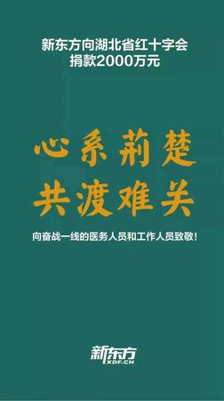 行動(dòng)五-全國(guó)政協(xié)委員,、民盟中央常委,、民盟海淀區(qū)委盟員俞敏洪所在企業(yè)新東方教育集團(tuán)向湖北省紅十字會(huì)捐款2000萬(wàn)元。