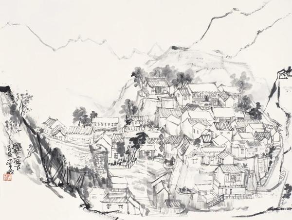 常欣  門(mén)頭溝爨底下寫(xiě)生之一  紙本設(shè)色  42×56cm