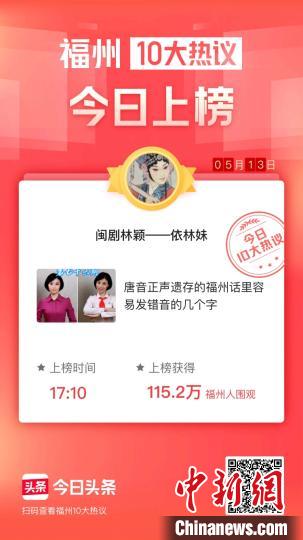 “非遺”閩劇傳承人,、一級演員林穎推出的抖音短視頻已有三次登上頭條“福州十大熱議”榜,。　陳小寧 攝