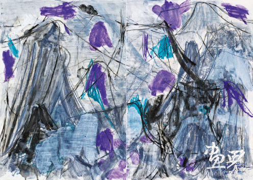 山水賦之二十二（卡紙上色粉筆、水彩,、鉛筆及蠟紙拼貼等）150×93cm-2015年-顧黎明