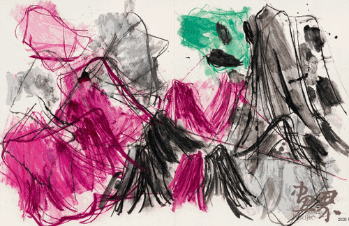 山水賦-鵲華秋色NO2（卡紙上色粉,、丙烯水彩及拼貼等）156×107cm-2019年-顧黎明