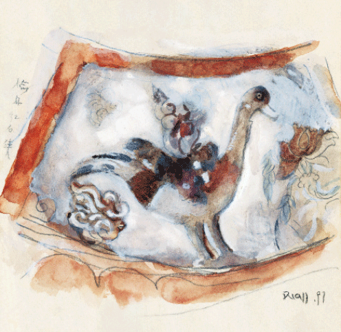 紅石峽石窟藻井中的彩繪浮雕（紙本水彩,、鉛筆）12.5×16cm-1997年-段正渠