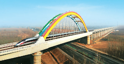復(fù)興號駛過“彩虹橋”——京雄城際鐵路霸雄特大橋,。