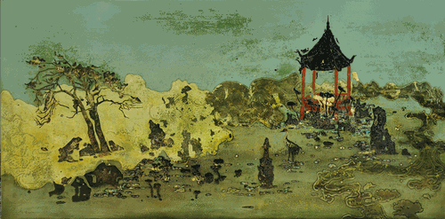 天青綠水依（木胎,、大漆、金銀箔,、灰,、螺鈿）120x60cm--2020年-陳涵