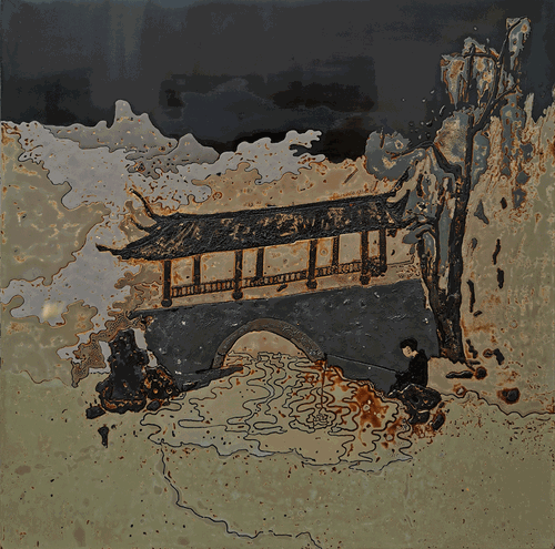 垂釣圖（木胎,、大漆,、銀箔、灰）60x60cm--2020年