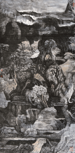 石潤(rùn)含春雨（國(guó)畫(huà)）138×68cm-2017年-朱-敏