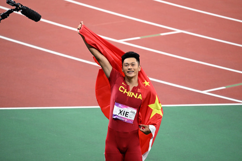 中國(guó)選手謝震業(yè)在奪冠后向觀眾席示意。