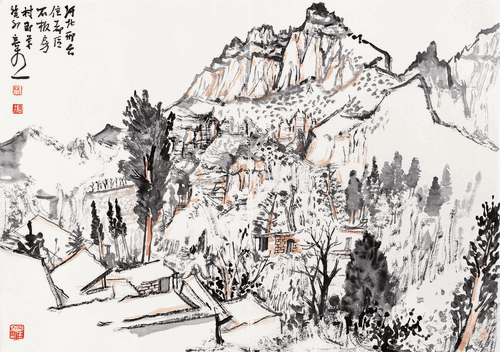 河北邢臺信都區(qū)石板房村即景（國畫）45×64cm-2023年-林容生