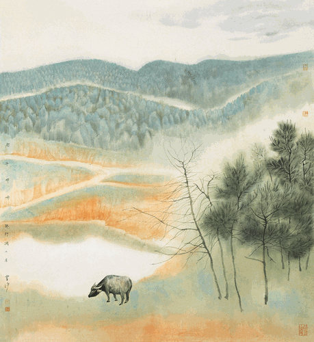 老牛哞哞（國畫）98×98cm-2023年-王雪峰