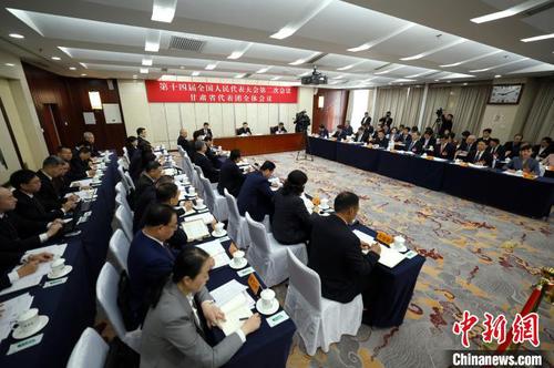 3月10日，出席十四屆全國(guó)人大二次會(huì)議的甘肅代表團(tuán)舉行開放團(tuán)組會(huì)議,。記者富田 攝